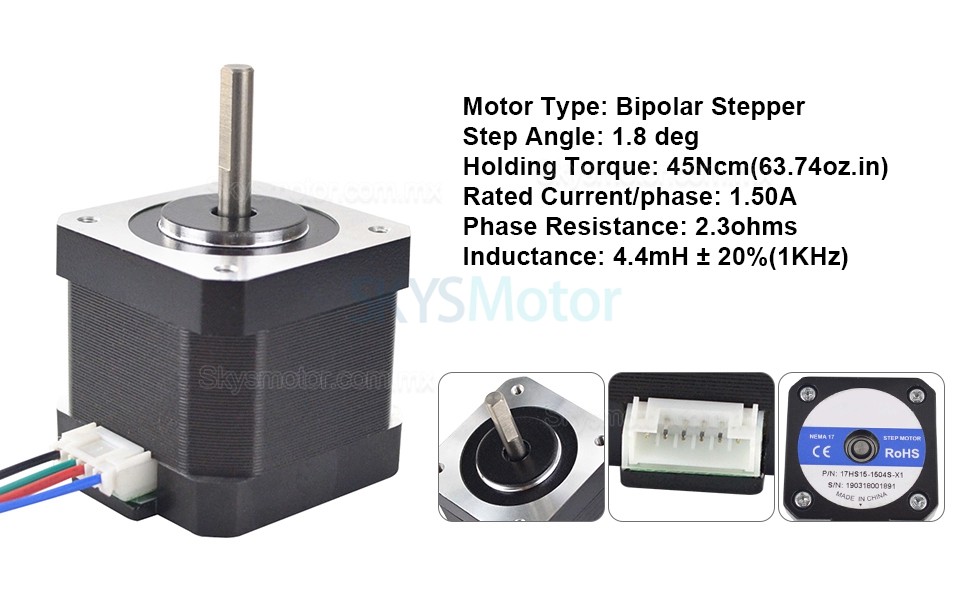 Motor Paso A Paso NEMA 17 17HS15-1504S-X1 45Ncm 12V 1,5A 4 Alambres con Cable 1m y Conector