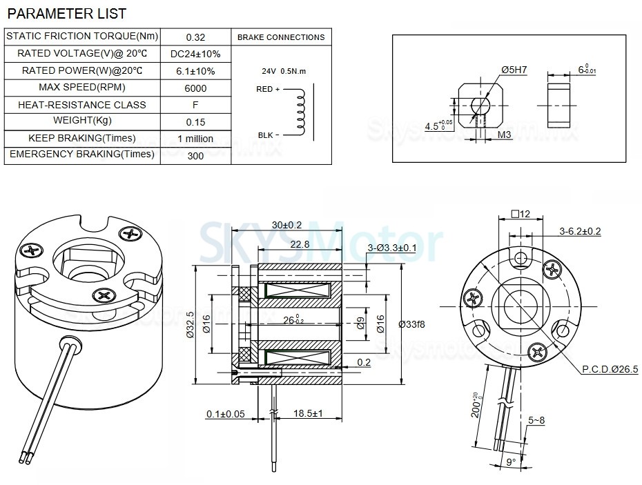 Freno electromagnético de CC no excitado de 24 V CC y 0,32 Nm para motor a paso Nema 14