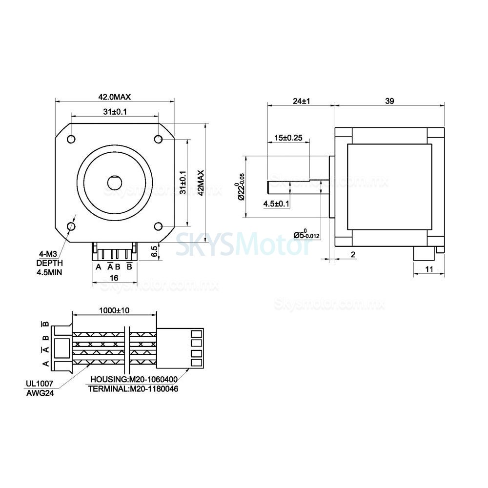 Motor Paso A Paso NEMA 17 17HS15-1504S-X1 45Ncm 12V 1,5A 4 Alambres con Cable 1m y Conector