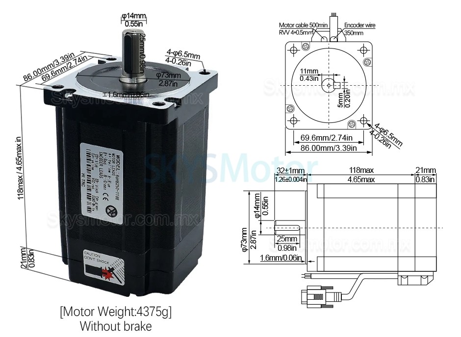 Kit de motor a paso de lazo cerrado Nema34 86HB250-118B-HBS86 (No Brake)  1,8 grados 8 Nm con controlador HBS86