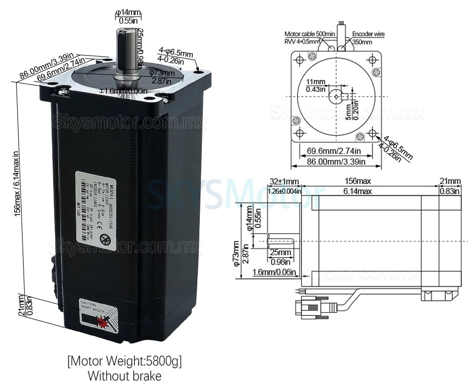 Kit de motor a paso de lazo cerrado Nema34 86HB250-118B-HBS86 (No Brake)  1,8 grados 12 Nm con controlador HBS86