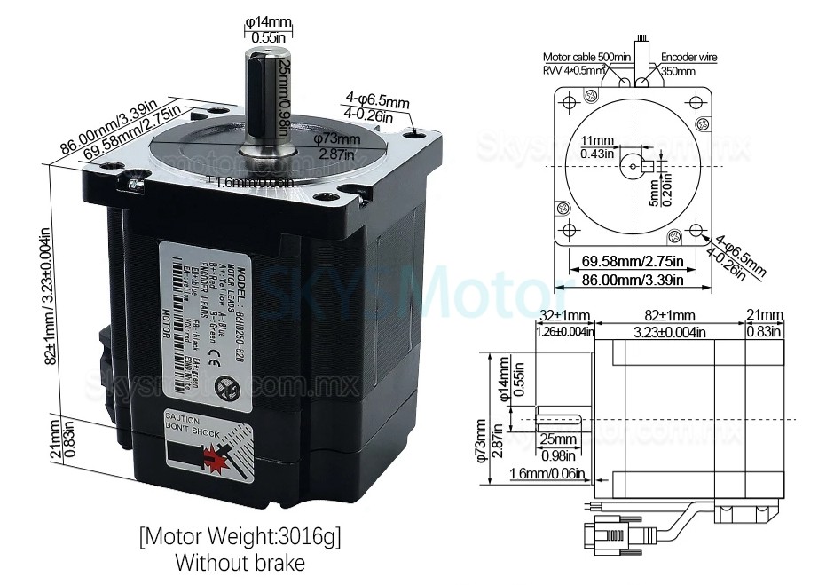 Kit de motor a paso de lazo cerrado Nema34 86HB250-82B-HBS86 (No Brake) 1,8 grados 4,5 Nm con controlador HBS86