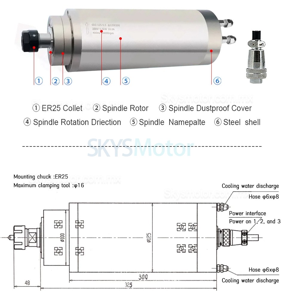 Motor husillo para cnc refrigerado por agua SMCU002873 5,5 KW 220 V/380 V 24 000 RPM Pinza ER25