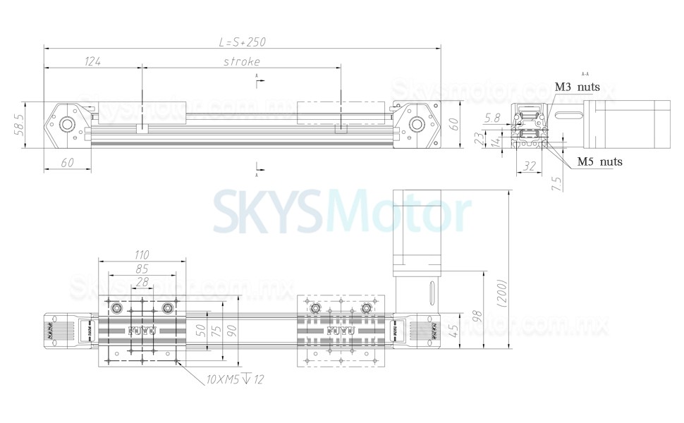 Rieles lineales, actuador lineal electrico FPB45 con motor paso a paso Nema 23