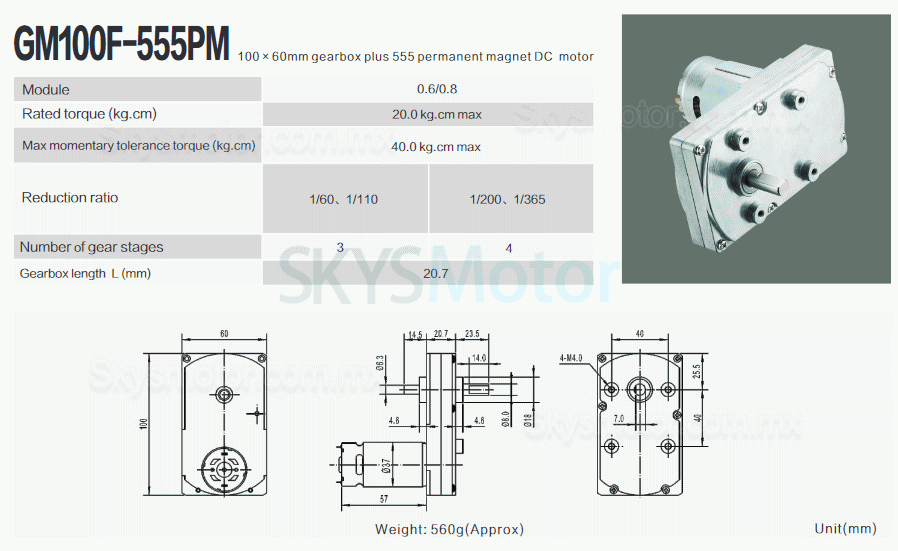 2 piezas 12V/24V Motorreductor de CC brushed motor pmdc GM100F-555PM con caja de engranajes rectos 