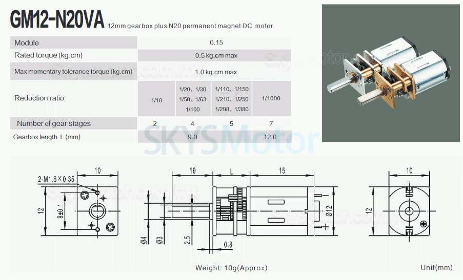 2 piezas Motorreductor de CC brushed mini GM12-N20VA 2,4V/5V con caja de engranajes rectos 