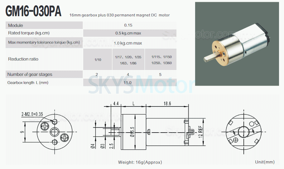 2 piezas Φ15,5mm 6V/12V Motorreductor de CC brushed motor pmdc GM16-030PA con caja de engranajes rectos 