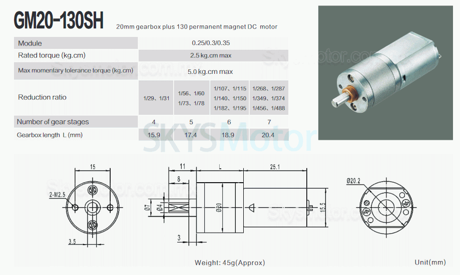 2 piezas Φ20mm 6V/12V Motorreductor de CC brushed motor pmdc GM20-130SH con caja de engranajes rectos 