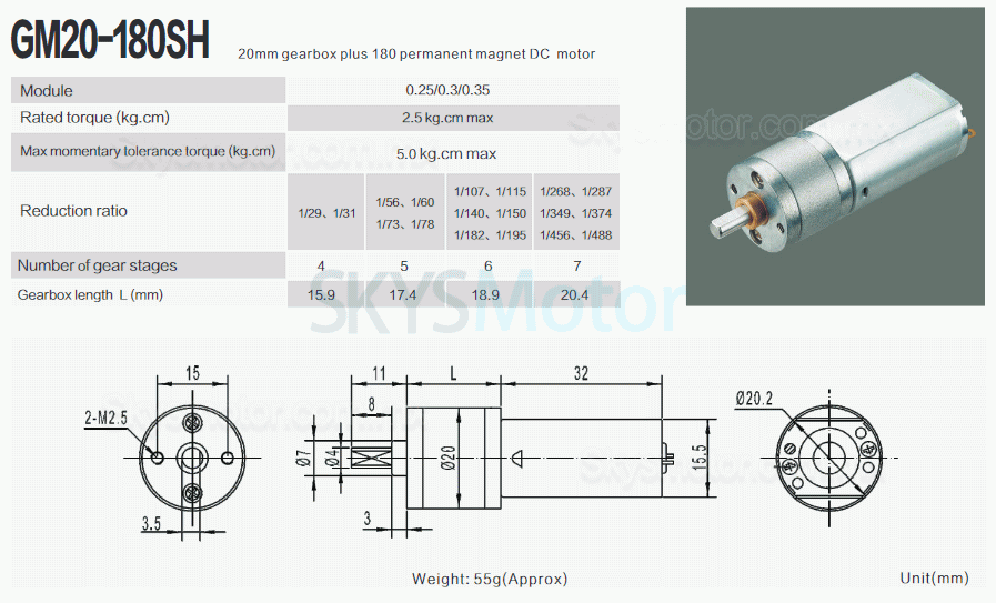 2 piezas Φ15,5mm 6V/12V Motorreductor de CC brushed motor pmdc GM20-180SH con caja de engranajes rectos 