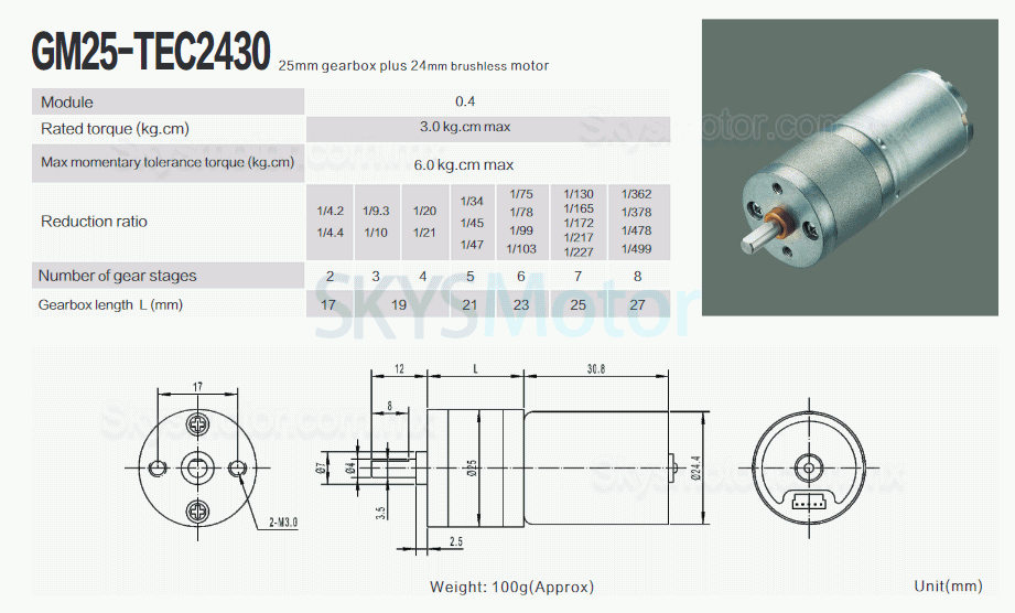 2 piezas Φ25mm 12V/24V Motorreductor de CC brushed GM25-TEC2430 con caja de engranajes rectos 