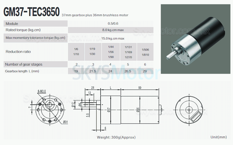 2 piezas 12V/24V Motorreductor a paso de brushed GM37-TEC3650 7W/11W con caja de engranajes rectos