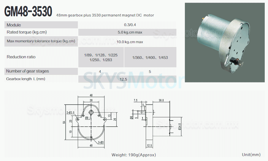 2 piezas 12V/24V Motorreductor corona sin fin dc porma de pera GM48-3530 par máximo nominal 5 kg.cm