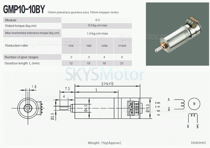 2 piezas Φ10 mini motorreductor a paso GMP10-10BY 18 grados 12 VCC 0,5 kg.cm Diámetro del eje 2 mm