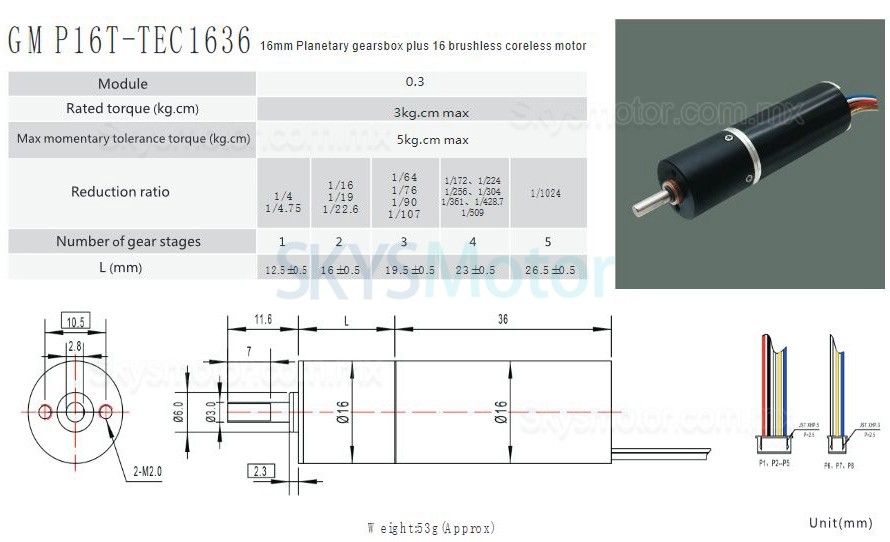 2 piezas Φ16mm motor sin núcleo BLDC 12V/24V GMP16T-TEC1636, eje de 3mm con reductores planetario