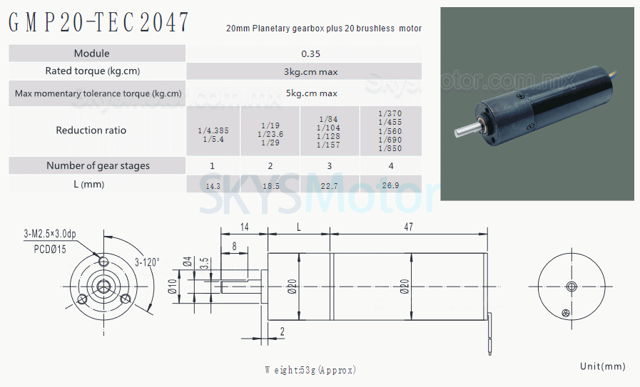 2 piezas Φ20mm motorreductor planetario bldc 12V/24V GMP20-TEC2047, 3,0kg.cm con reductores planetario