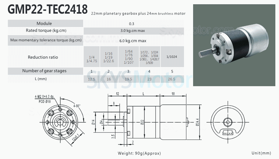 2 piezas Φ22mm motorreductor bldc  12V/24V GMP22-TEC2418 3,0kg.cm 1,54w con reductores planetario