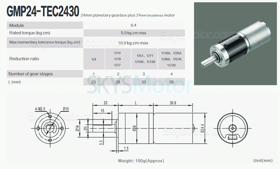 2 piezas Φ24mm motorreductor bldc 12V/24V GMP24-TEC2430 5,0kg.cm 2,3W con reductores planetario