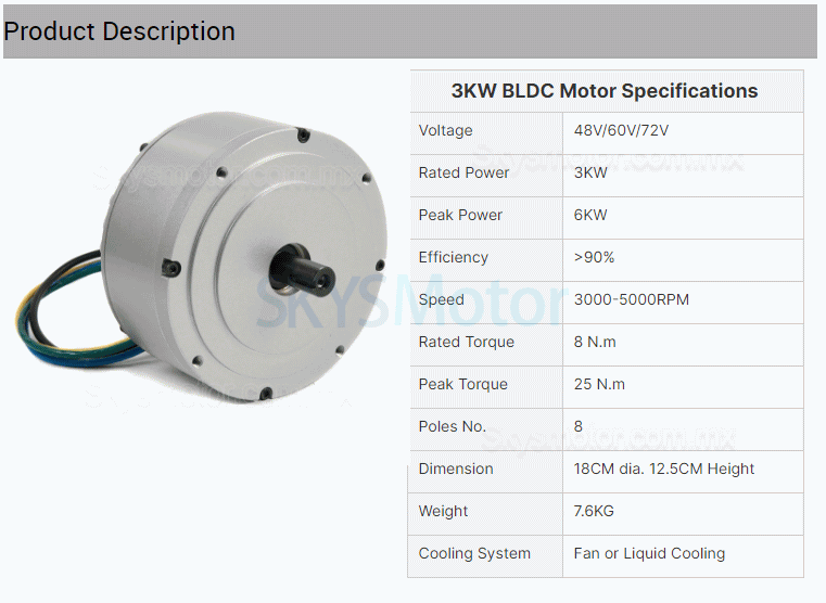 48V/72V 3KW motor de cubo, motor BLDC HPM3000A para bicicletas eléctricas y motocicletas