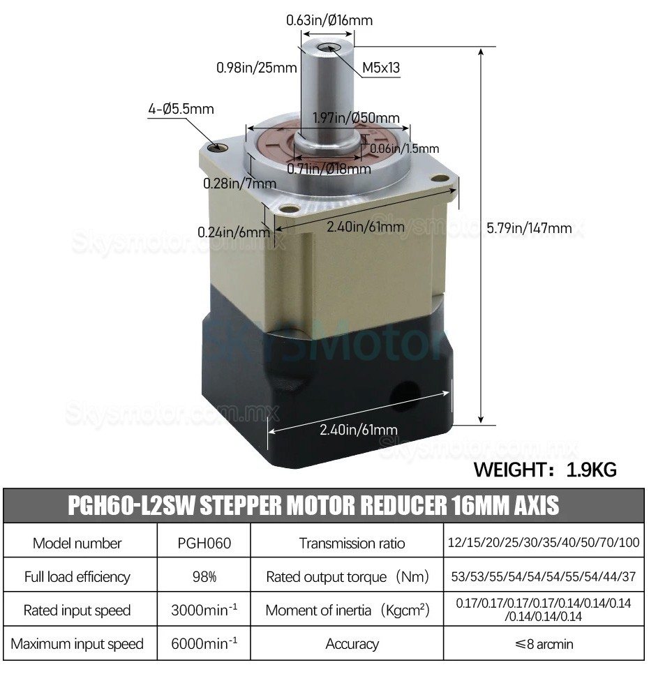 Engranajes helicoidales planetario PGH60-L2SW-SERVO relación máxima 100:1 para servomotor Nema 23,24