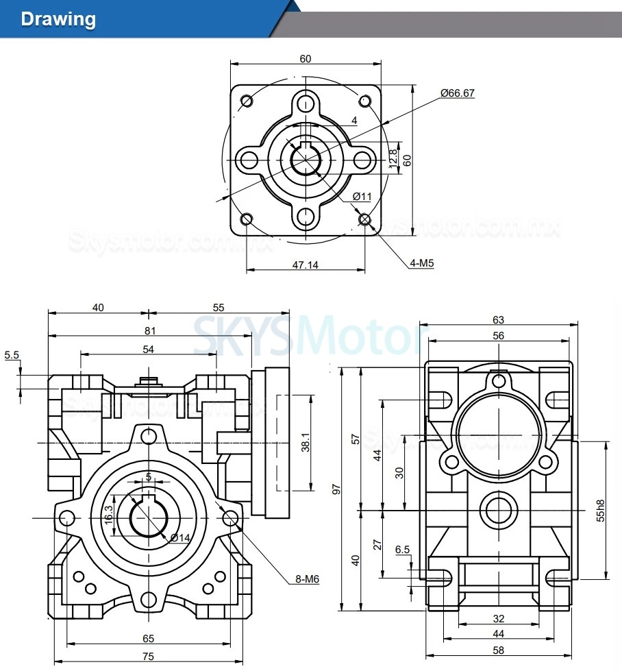 Reductor corona sin fin NMRV030 5:1 10:1 20:1 30:1 50:1 compatible con servomotores / motores paso a paso Nema 23