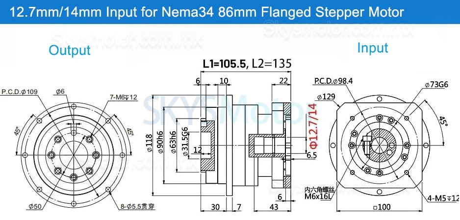 Engranajes helicoidales planetario PLX090 para motor paso a paso Nema nema 34 / servomotor de 90 mm