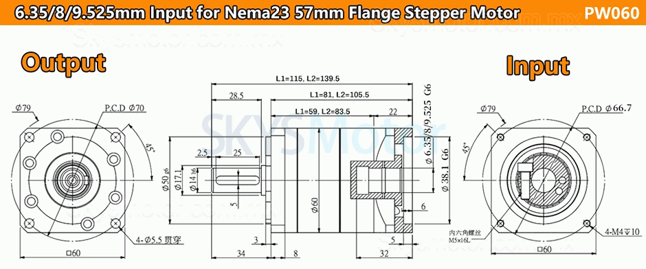 Engranajes helicoidales planetario PW060 para motor paso a paso Nema 23/servomotor Nema 24