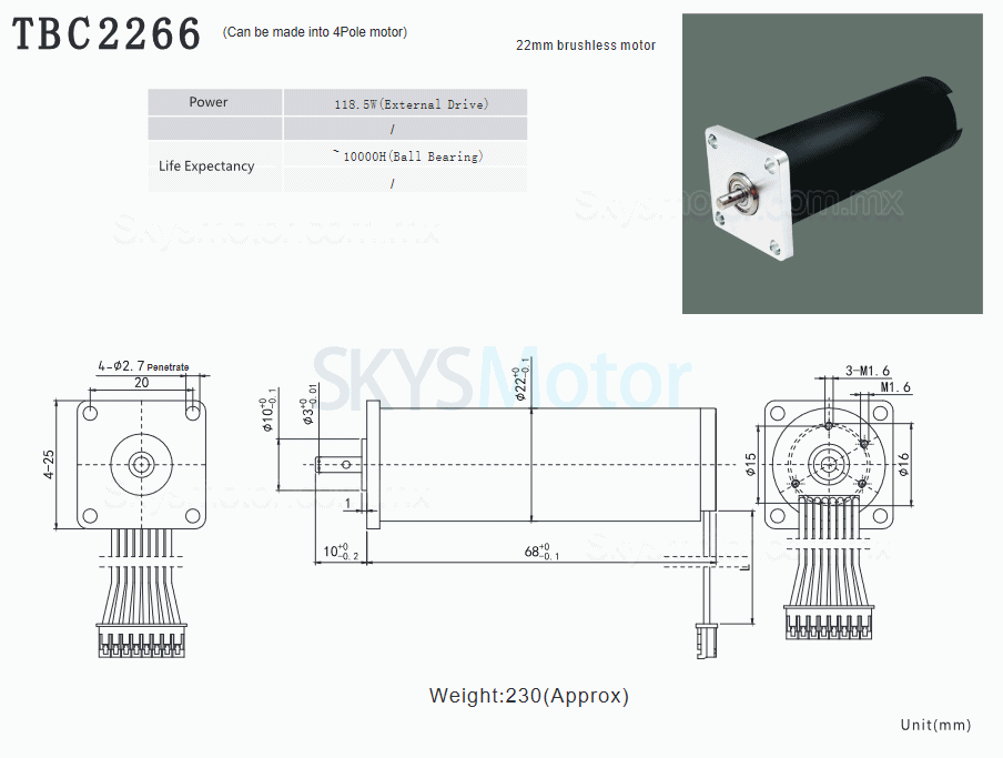 2 piezas Φ22mm motor sin núcleo brushless 12/24V TBC2266, 0,8kg.cm, 62,3W/118,5W, eje de 3mm