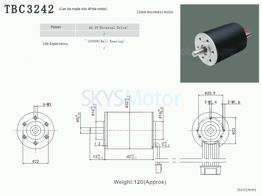 2 piezas Φ32mm motor sin núcleo brushless 12V/24V, TBC3242, 4,6kg.cm/1,9kg.cm, 45,5W/ 25,1W, eje de 5mm