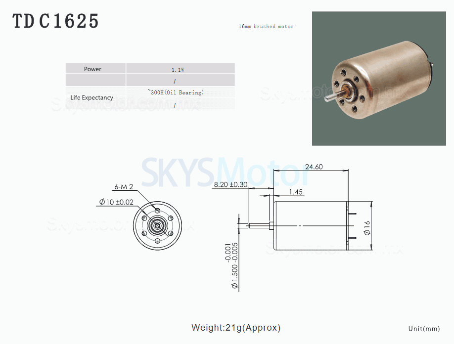 2 piezas Φ16mm motor sin núcleo brushed 12V, TDC1625, 15g/.cm, 0,9W/1,1W, eje de 1,5mm