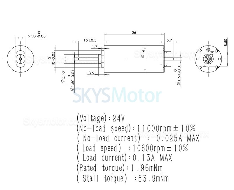 2 piezas Φ16mm motor sin núcleo brushed 24V TDC1636, 1,96mN.m, 2W, eje de 1,5mm