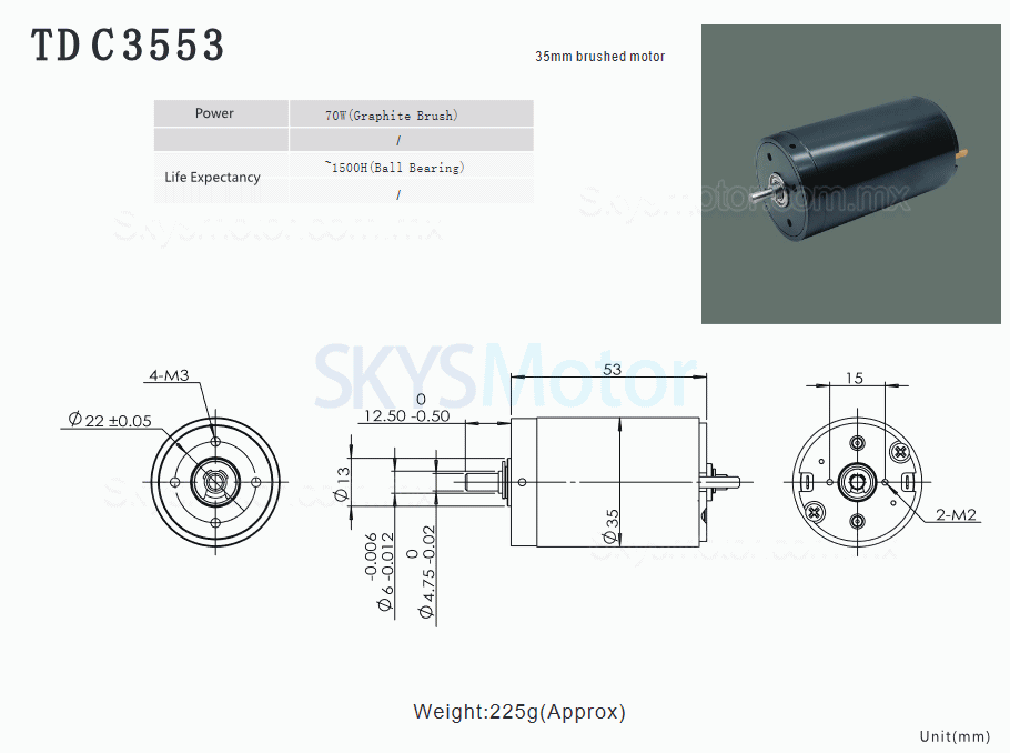 2 piezas Φ35mm motor sin núcleo brushed 24V TDC3553, 400g.cm, 5500rpm / 6900rpm, eje de 4.75mm