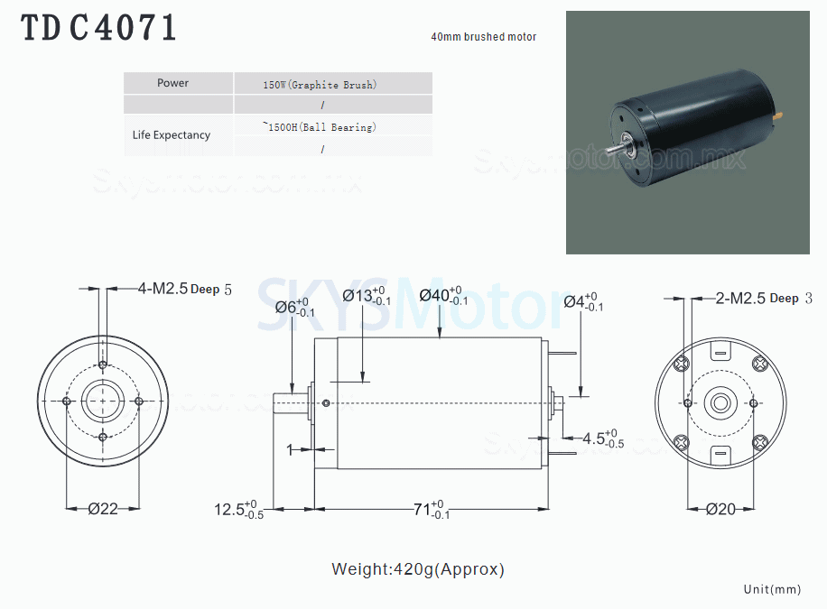 2 piezas Φ40mm motor sin núcleo brushed doble eje 24V TDC4071, 2000g.cm, 7000rpm /1800rpm, eje de 6mm/4mm