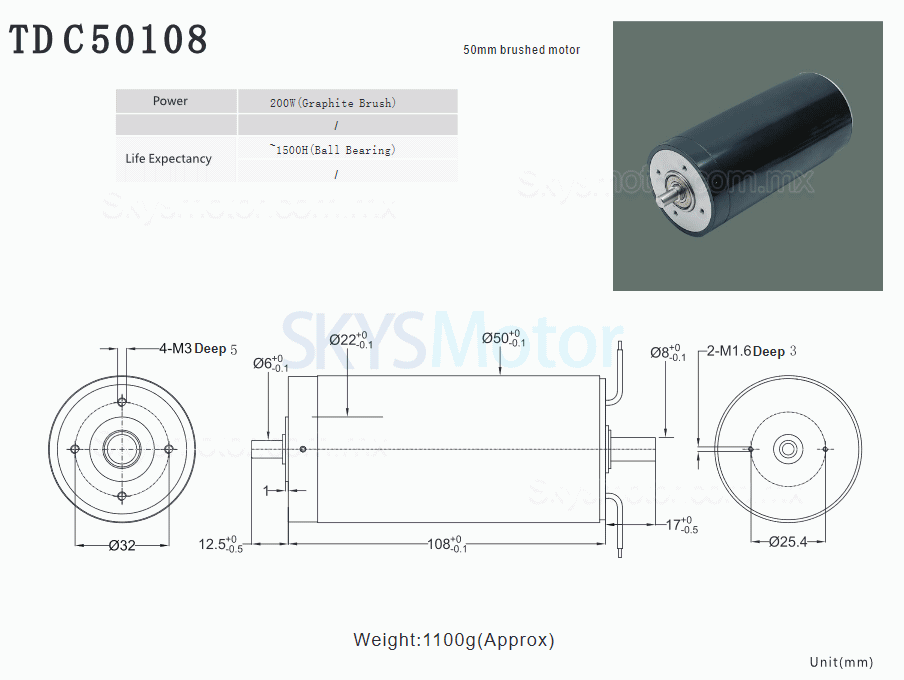 2 piezas Φ50mm motor sin núcleo brushed doble eje 24V/36V TDC50108, 4000g.cm, 5600rpm eje de 6mm/8mm