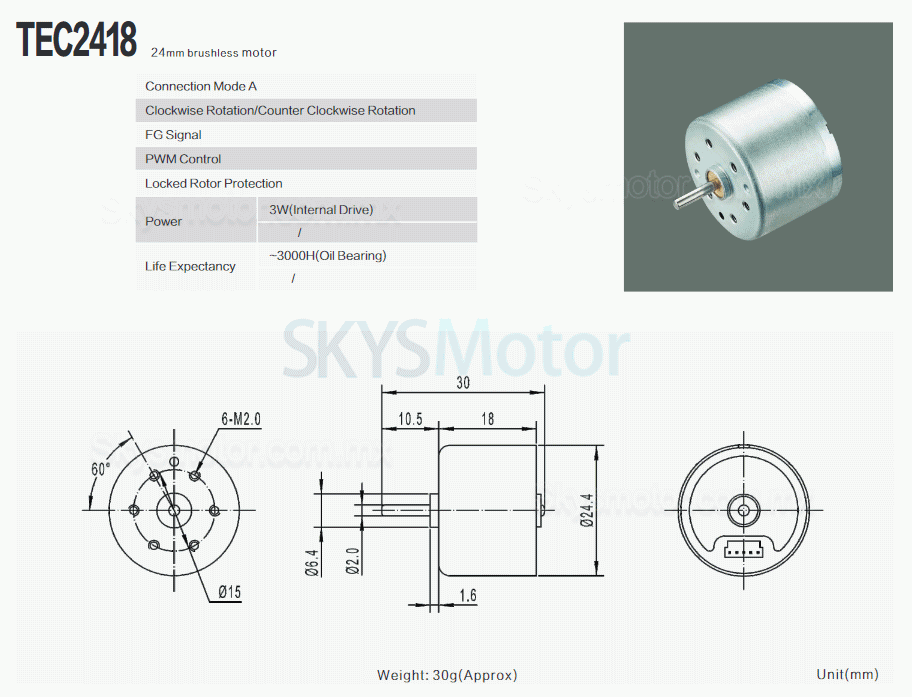 2 piezas Φ24,4mm motor brushless dc 12 V/24 V, TEC2418, 0,02Kg.cm, 5100rpm / 7500rpm, eje de 2mm