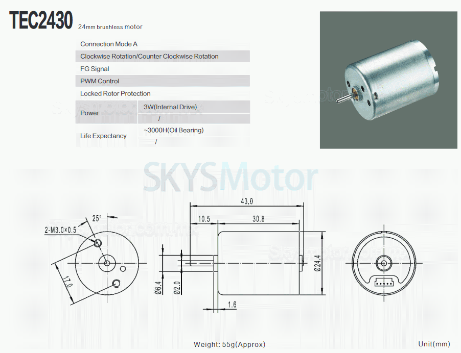 Motor BLDC de Φ22,4 mm, motor brushless dc 12 V/24 V, TEC2430, 4500 RPM, 3 W, 0,05 kg.cm, eje de 2 mm