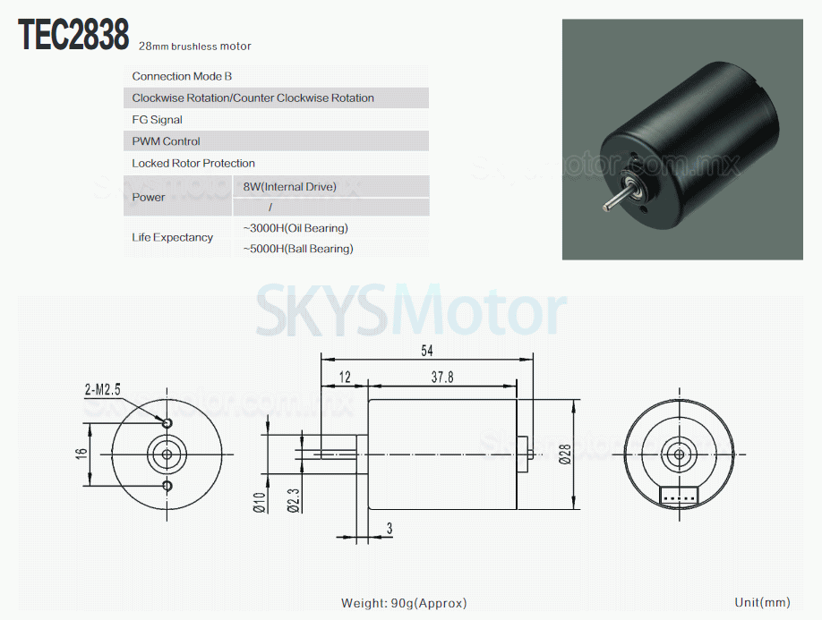 2 piezas Φ28mm motor brushless dc 12 V/24 V, motor bldc, TEC2838 100g.cm, 4200rpm / 4400rpm, eje de 2,3mm