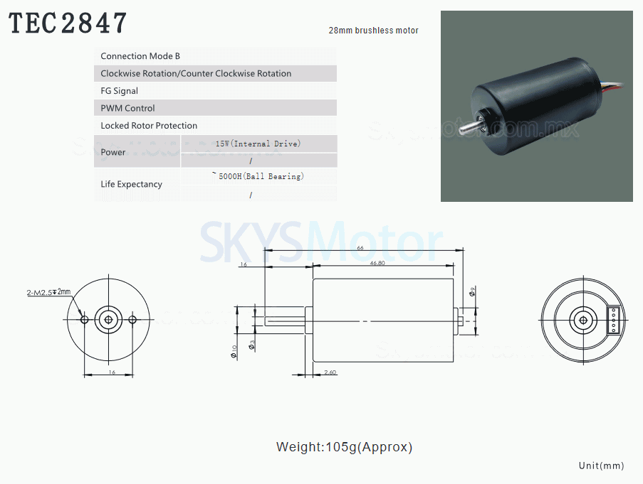 2 piezas Φ28mm motor brushless dc 12 V/24 V, motor bldc, TEC2847, 150g.cm, 4000rpm / 4250rpm, eje de 3mm