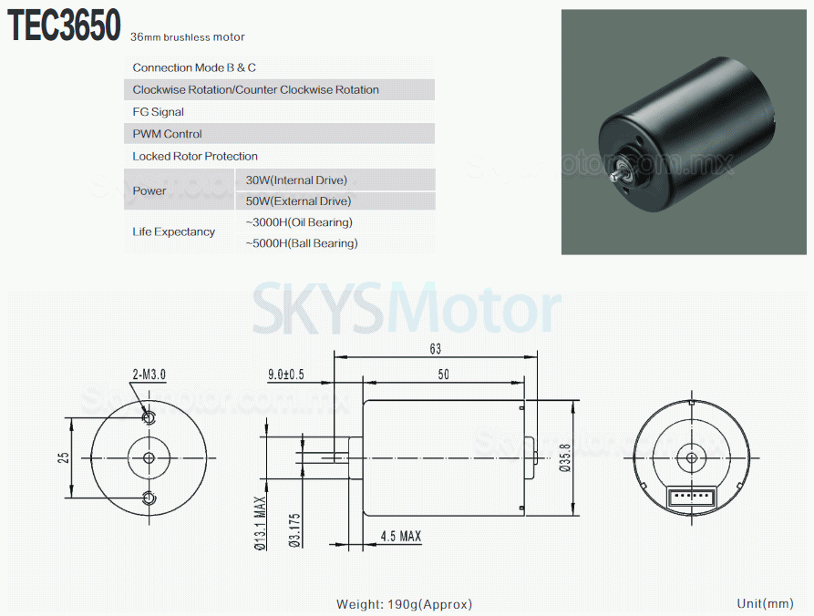 2 piezas Φ35,8mm motor brushless dc 12 V/24 V, TEC3650, 200g.cm, 5300rpm / 3400rpm, eje de 3,175mm