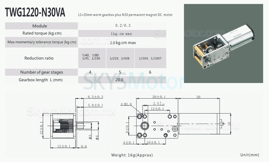 2 piezas 6V/12V mini Motorreductor corona sin fin dc TWG1220-N30VA 0,3W eje de 4mm