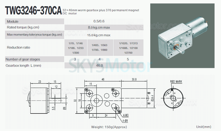 2 piezas 6V/12V Motorreductor corona sin fin dc TWG3246-370CA 1,25W eje de 6mm