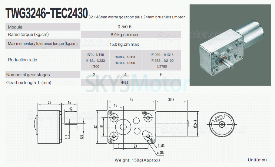 2 piezas 12V/24V Motorreductor corona sin fin dc TWG3246-TEC2430 2,7W eje det 6mm