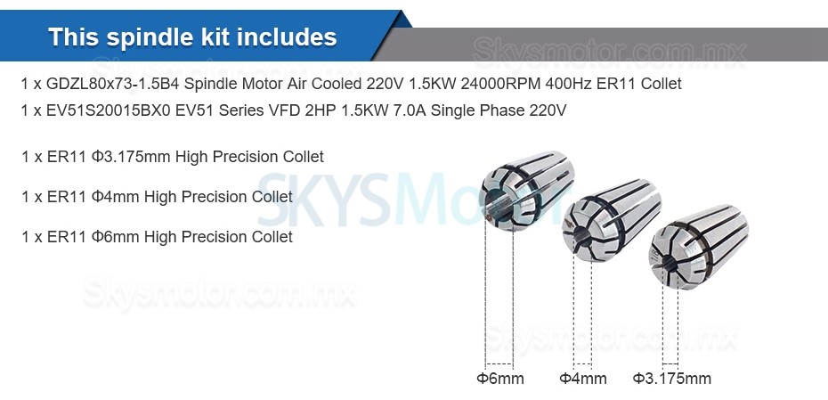 Motor husillo refrigerado por aire CNC de 1,5 KW, 400 Hz, ER11 + Inversor de frecuencia variable VFD de 2 HP VSK-ASL1.5B