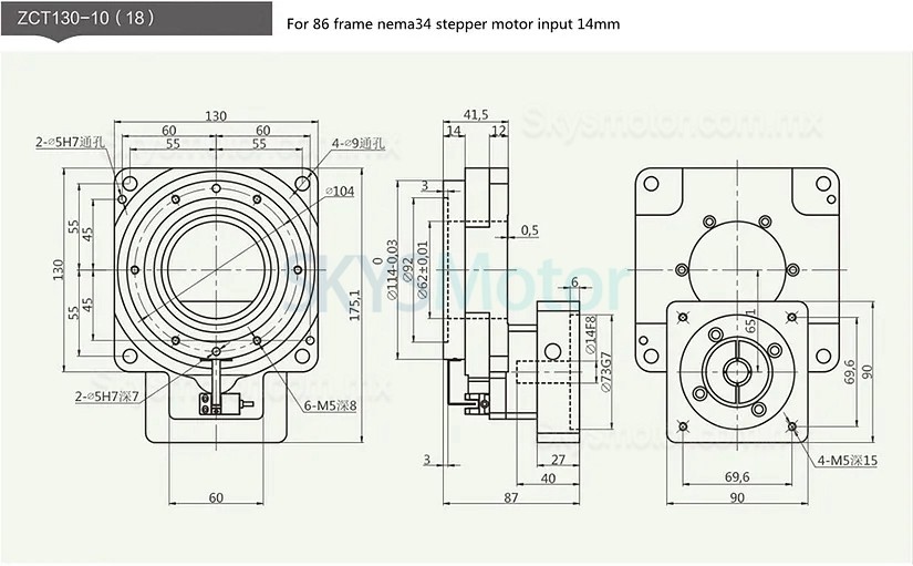 ZCT62-5/ZCT62-10 Actuador electrico rotativo hueco relación 10:1 18:1 para servomotor de CA de 60 mm y 400 W/motor paso a paso Nema 34