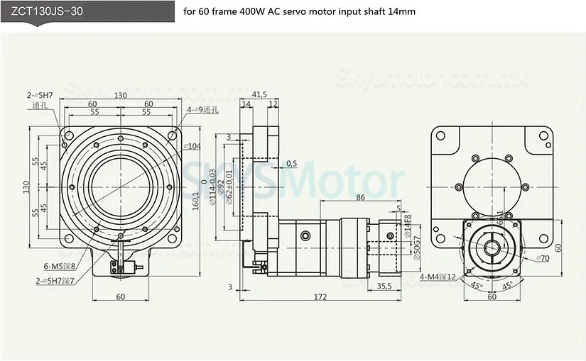 ZCT62-5/ZCT62-10 Actuador electrico rotativo hueco relación 10:1 18:1 para servomotor de CA de 60 mm y 400 W/motor paso a paso Nema 34