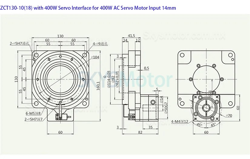 ZCT130-10/ZCT130-18 Actuador electrico rotativo hueco relación 10:1 18:1 para servomotor de CA de 60 mm y 400 W/motor paso a paso