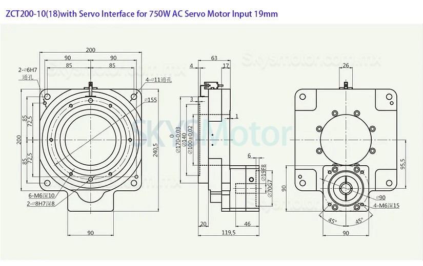 ZCT200-10/ZCT200-18 Actuador electrico rotativo hueco eje de entrada 19mm para servomotor de CA de 80 mm y 750 W/motor paso a paso