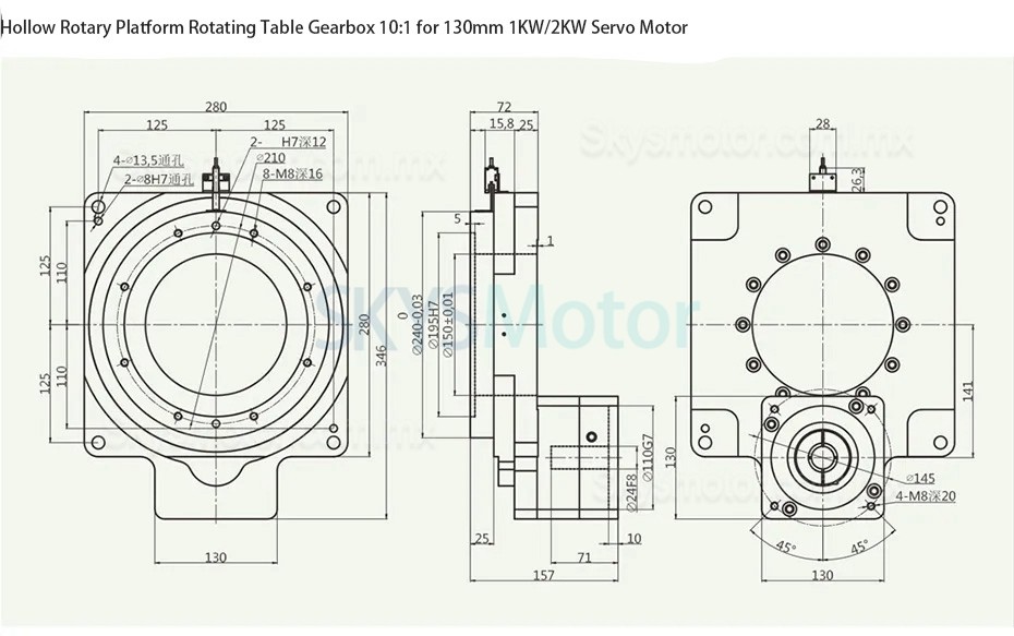 ZCT280-10 Actuador electrico rotativo hueco 10:1 para servomotor de CA de 130 mm y 1/2 KW