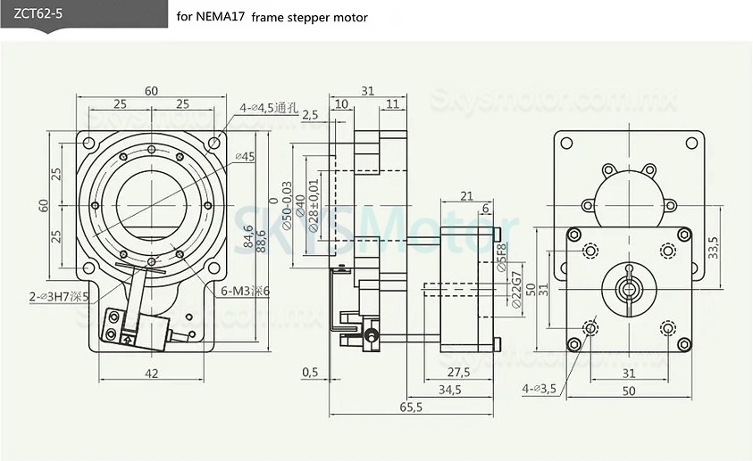 ZCT62-5/ZCT62-10 Actuador electrico rotativo hueco relación 5:1 10:1 para servomotor de CA de 50 W, 100 W / motor paso a paso Nema 42