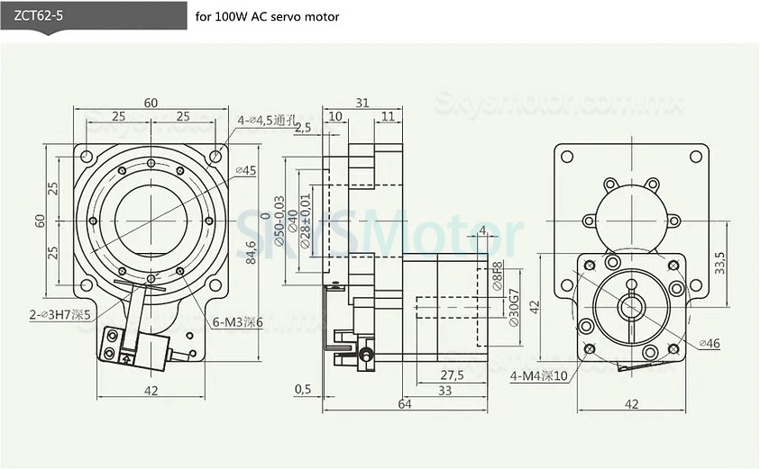 ZCT62-5/ZCT62-10 Actuador electrico rotativo hueco relación 5:1 10:1 para servomotor de CA de 50 W, 100 W / motor paso a paso Nema 42