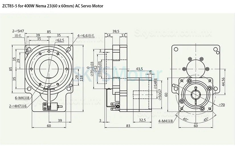 ZCT85-5/ZCT85-10 Actuador electrico rotativo hueco eje de entrada 14mm para servomotor de CA de 60 mm y 400 W/motor paso a paso